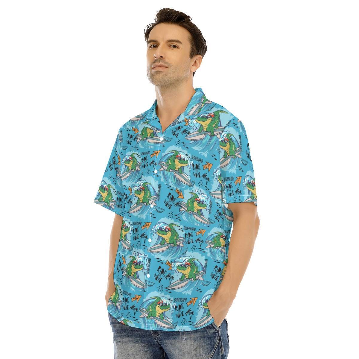 Funny Surfing Crocodiles Blue Hawaiian Shirt