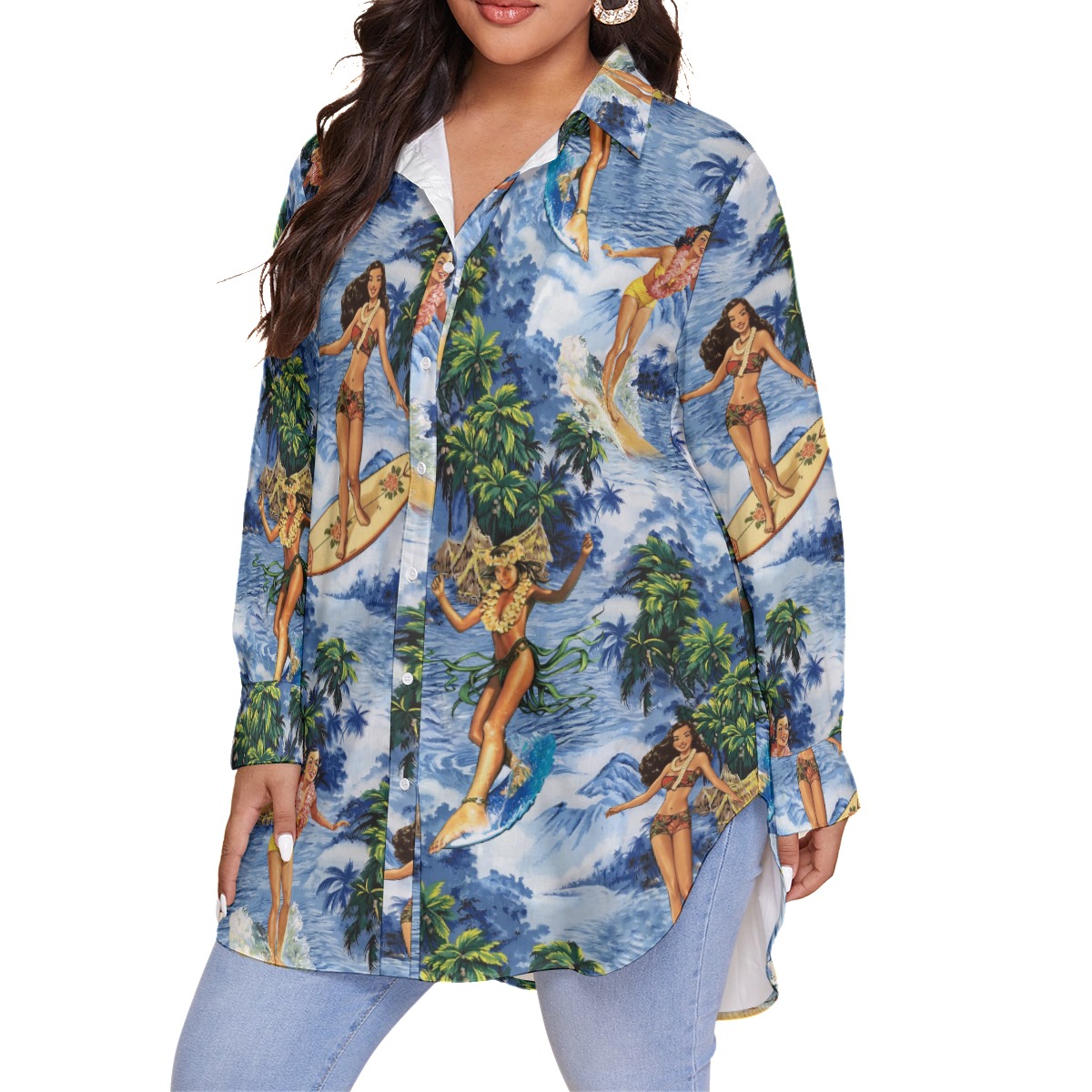Tropical Surfing Girl Blue Hawaiian Blouse Shirt For Women