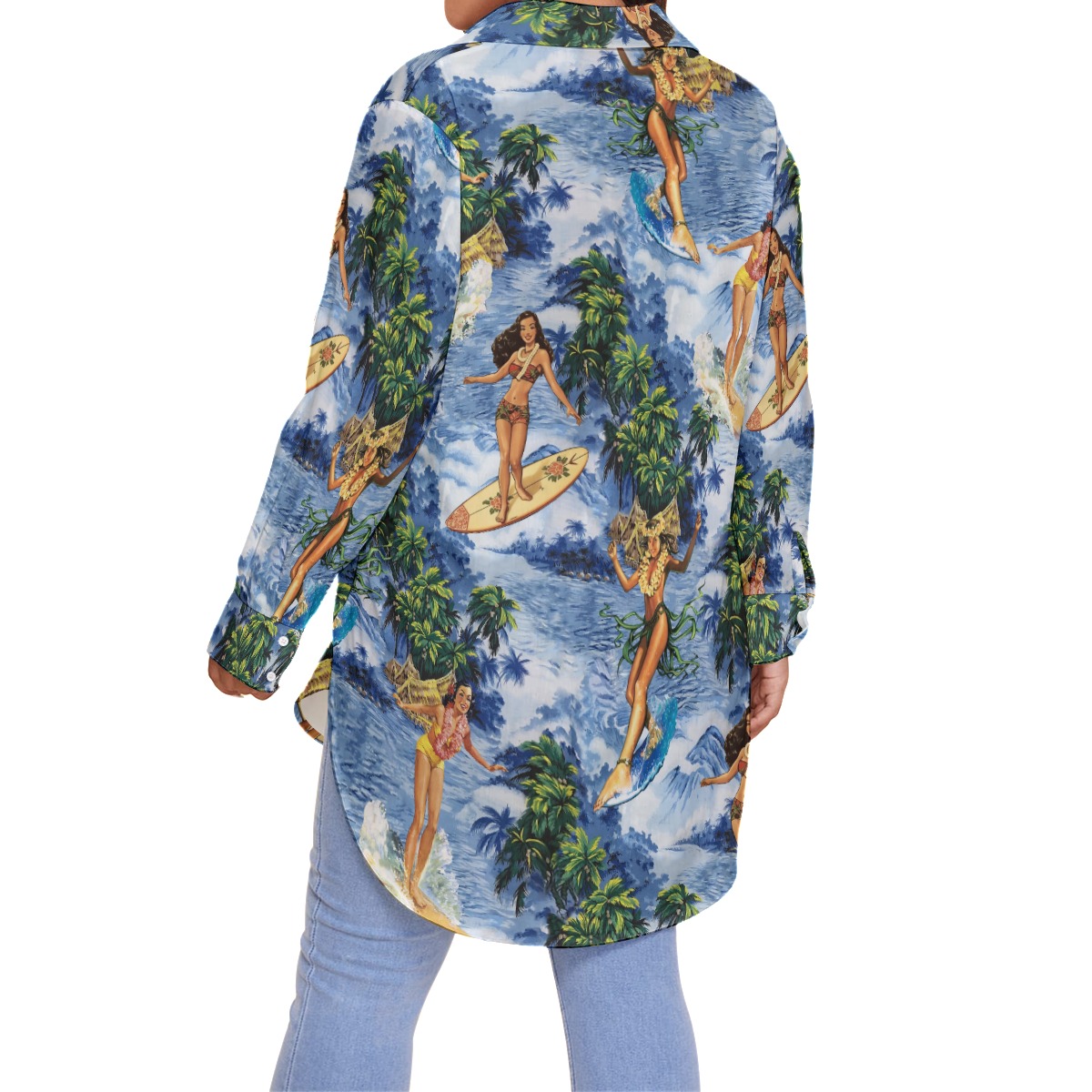 Tropical Surfing Girl Blue Hawaiian Blouse Shirt For Women