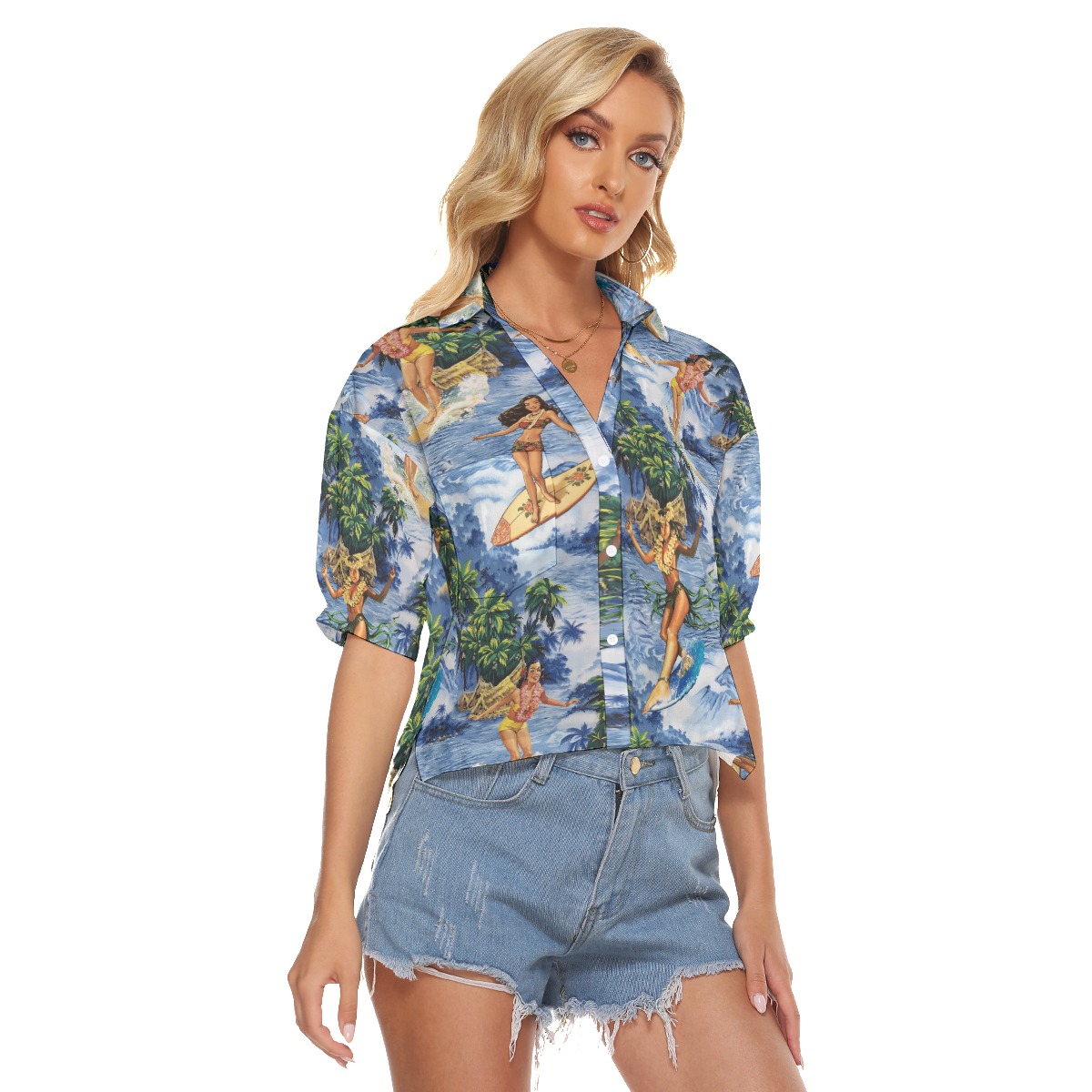 Funny Hula Girl Surfing Aloha V-Neck Shirt For Women