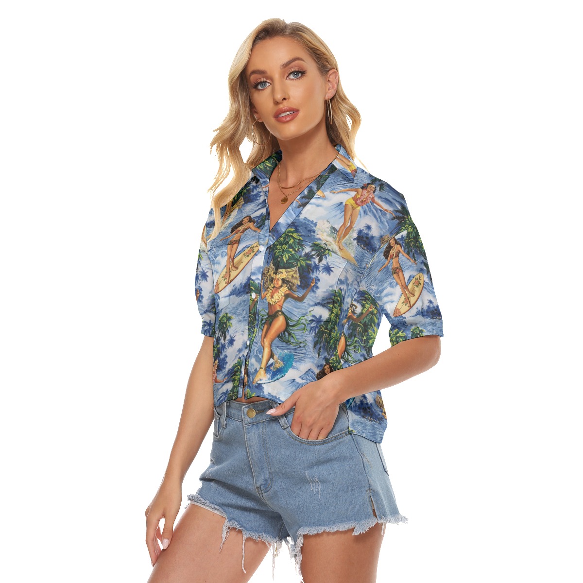 Funny Hula Girl Surfing Aloha V-Neck Shirt For Women