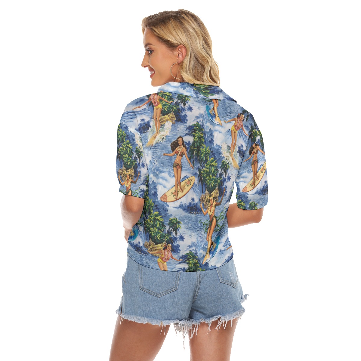 Funny Hula Girl Surfing Aloha V-Neck Shirt For Women