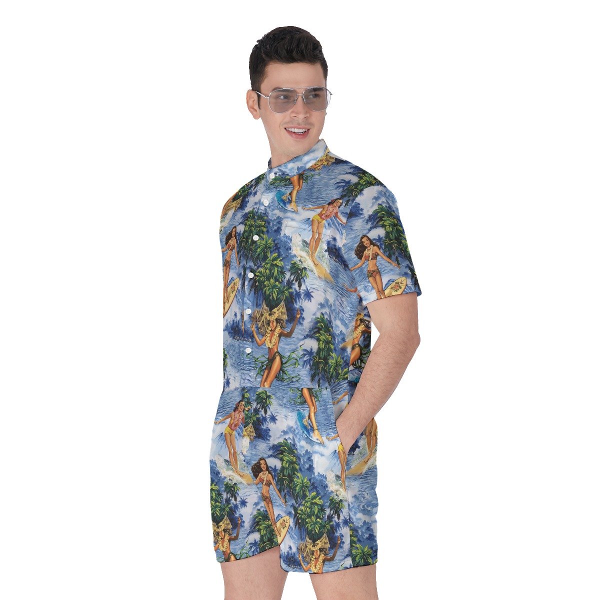 Funny Hula Girl Surfing Hawaiian Romper For Men