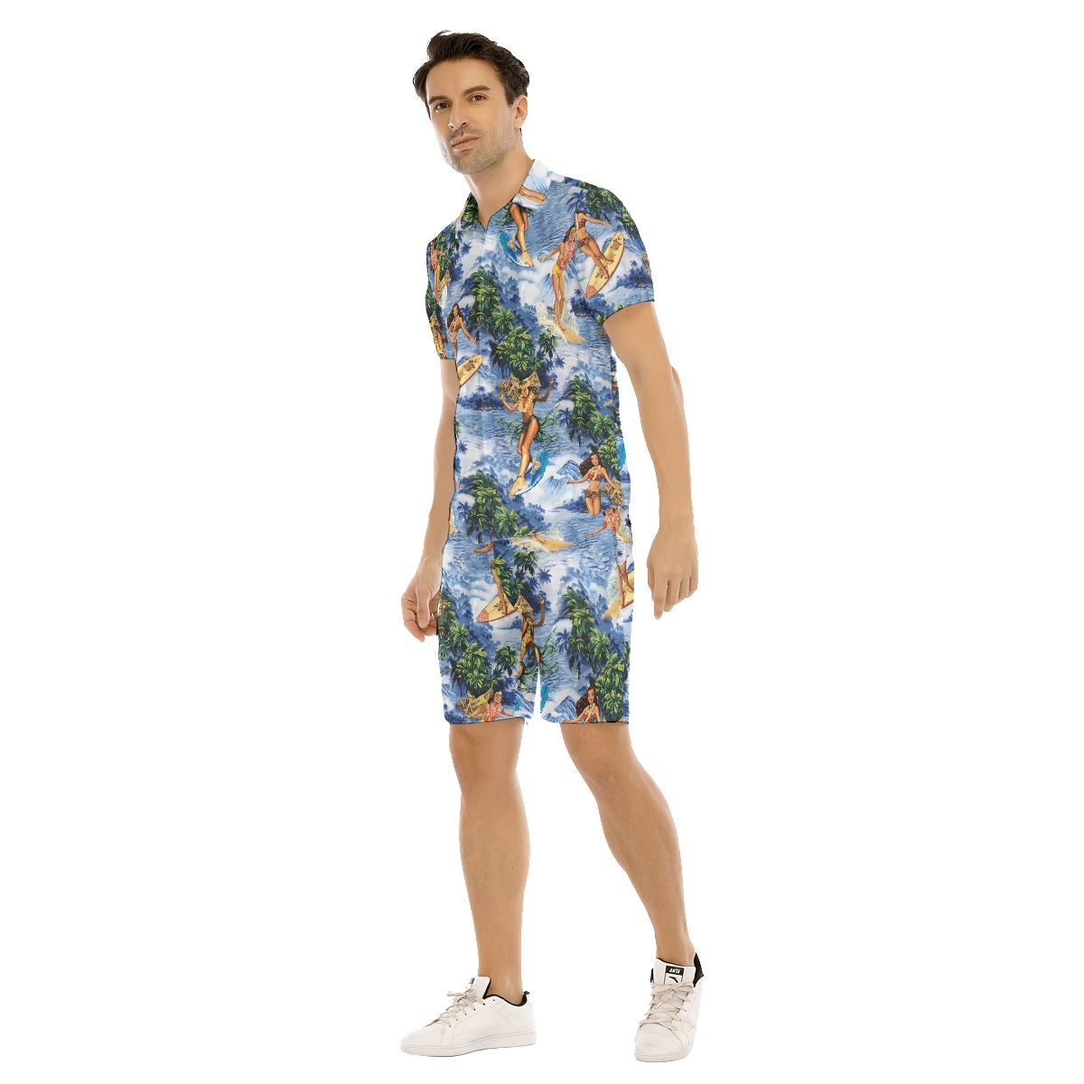 Tropical Hula Girl Surfing Hawaiian Shirt Set For Men