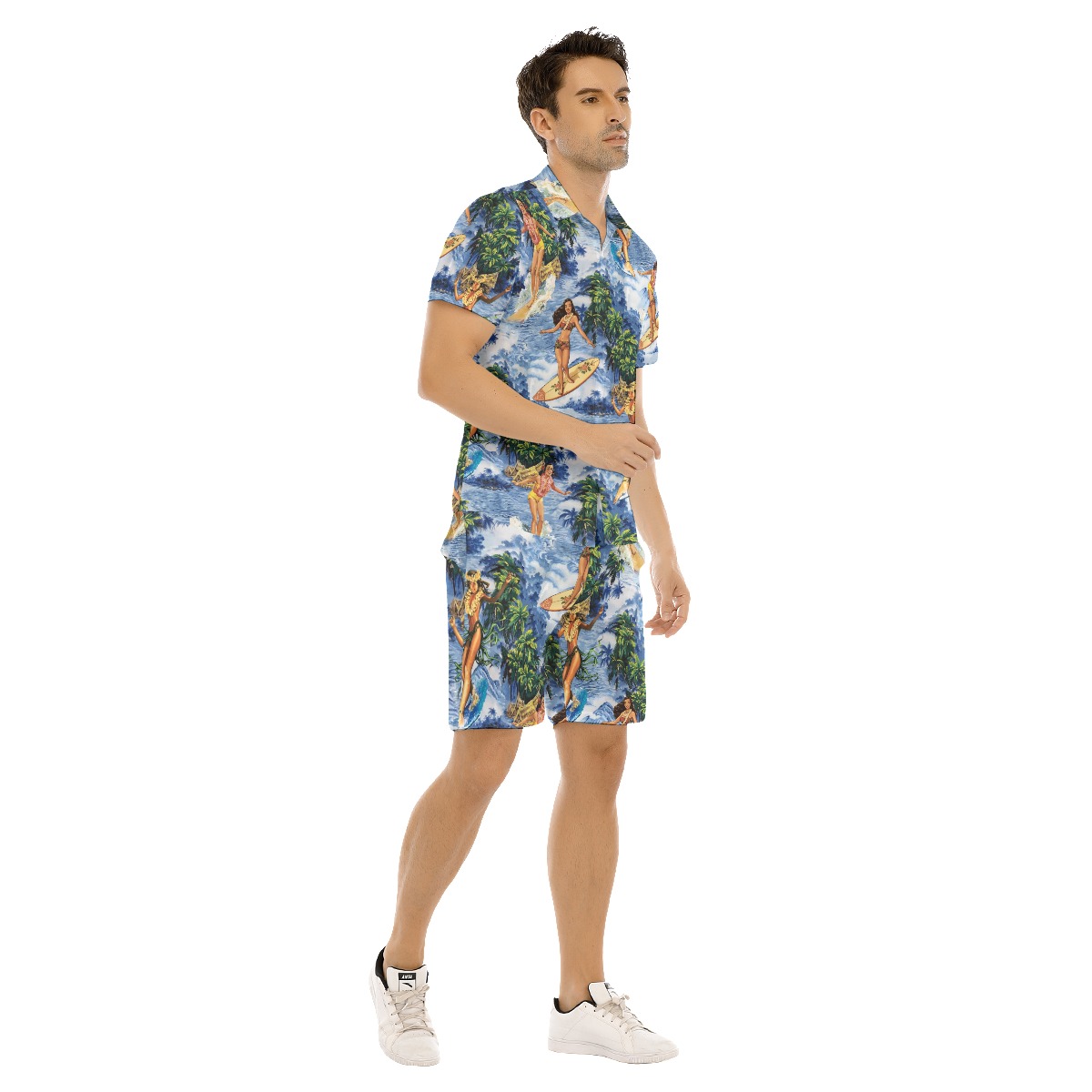 Tropical Hula Girl Surfing Hawaiian Shirt Set For Men