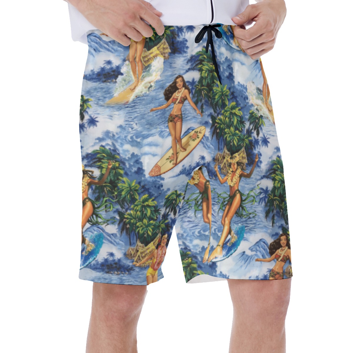 Funny Aloha Girl Surfing Tropical Hawaiian Swim Trunks For Men