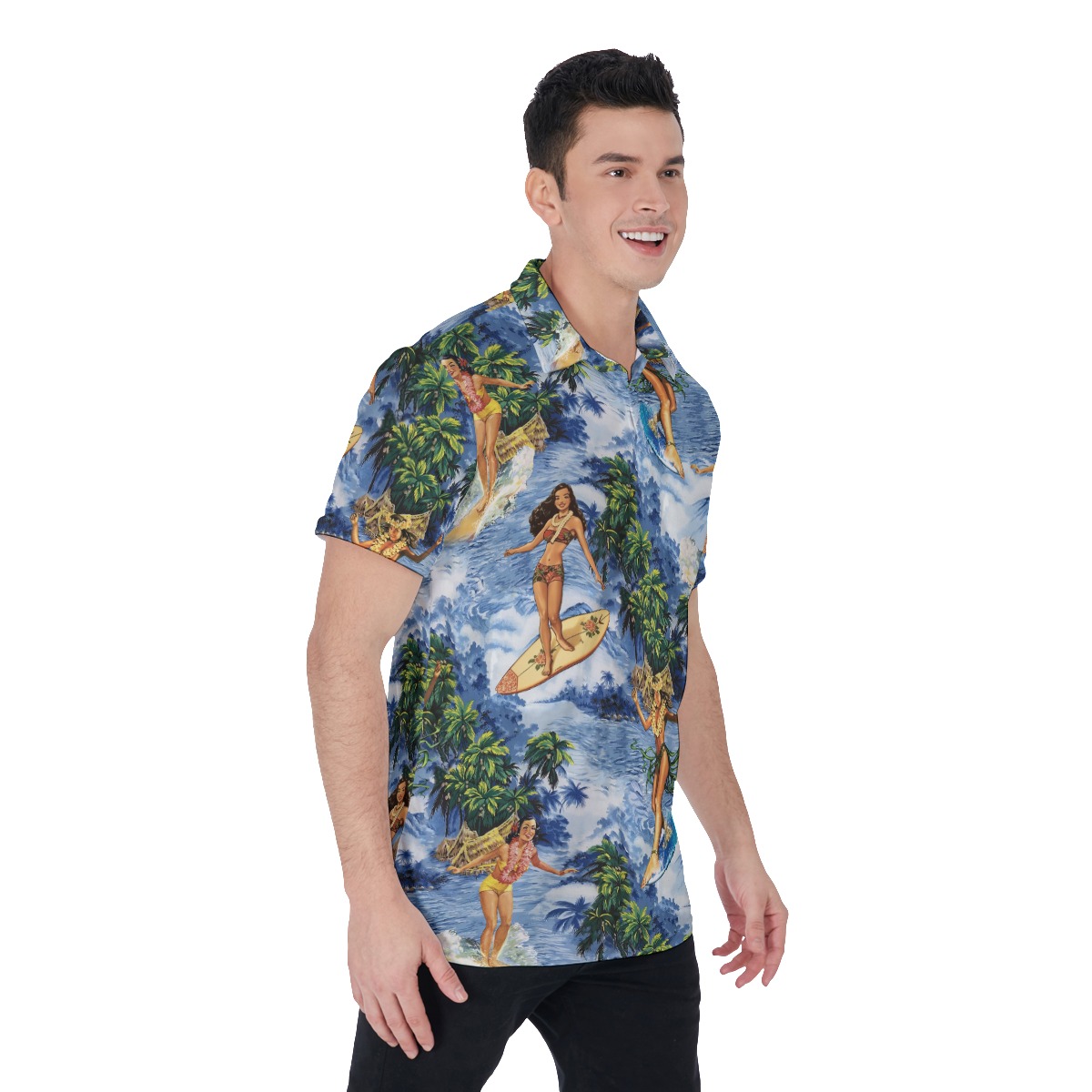 Tropical Hula Girl Surfing Blue Hawaiian Polo Shirt