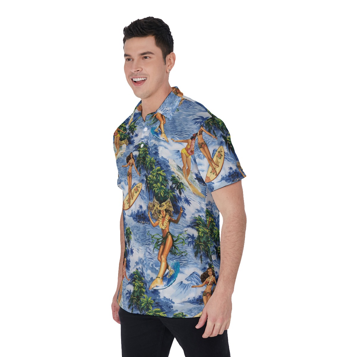 Tropical Hula Girl Surfing Blue Hawaiian Polo Shirt