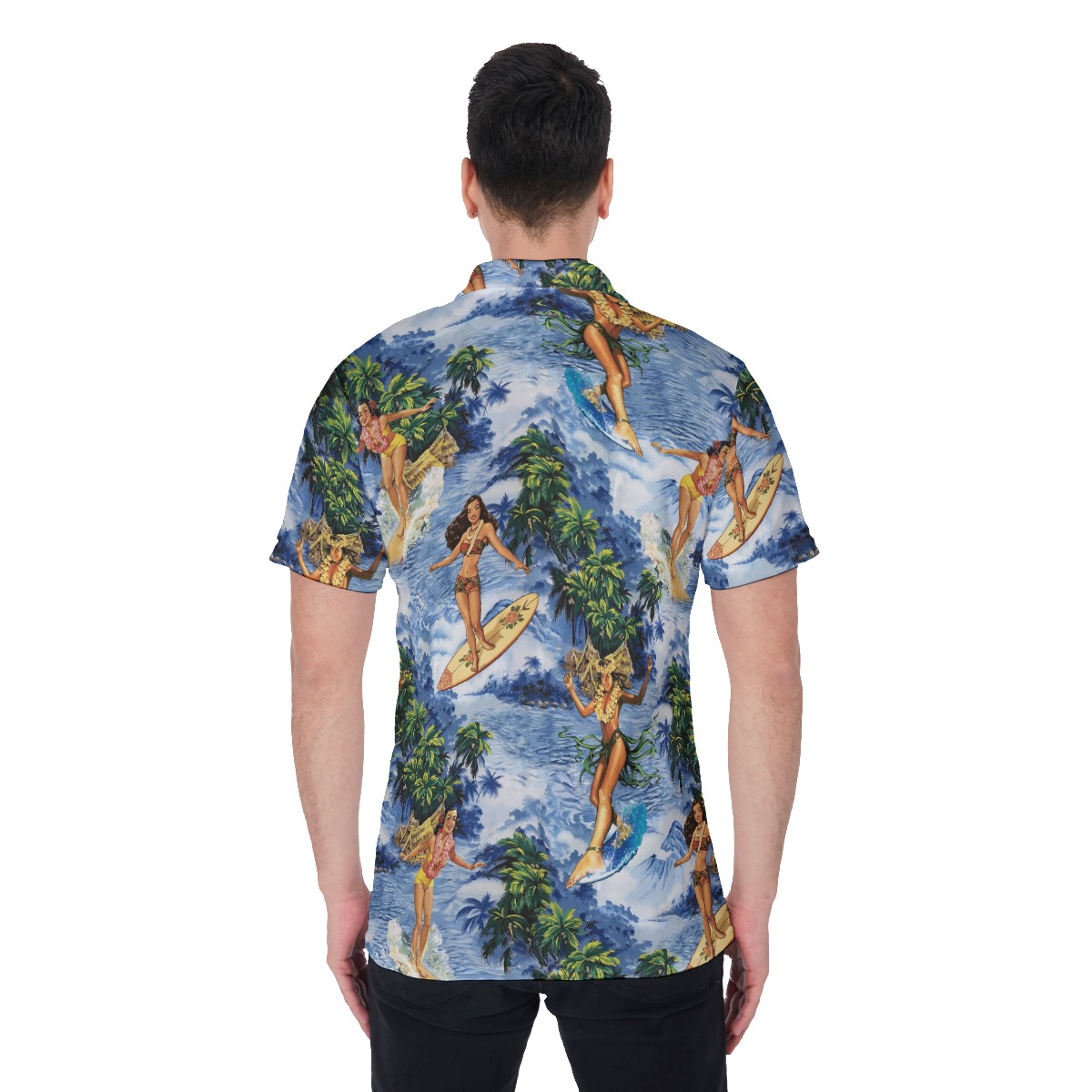 Tropical Hula Girl Surfing Blue Hawaiian Polo Shirt