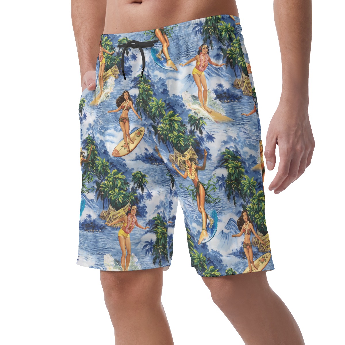 Hula Girl Surfing Vintage Hawaiian Beach Shorts For Men