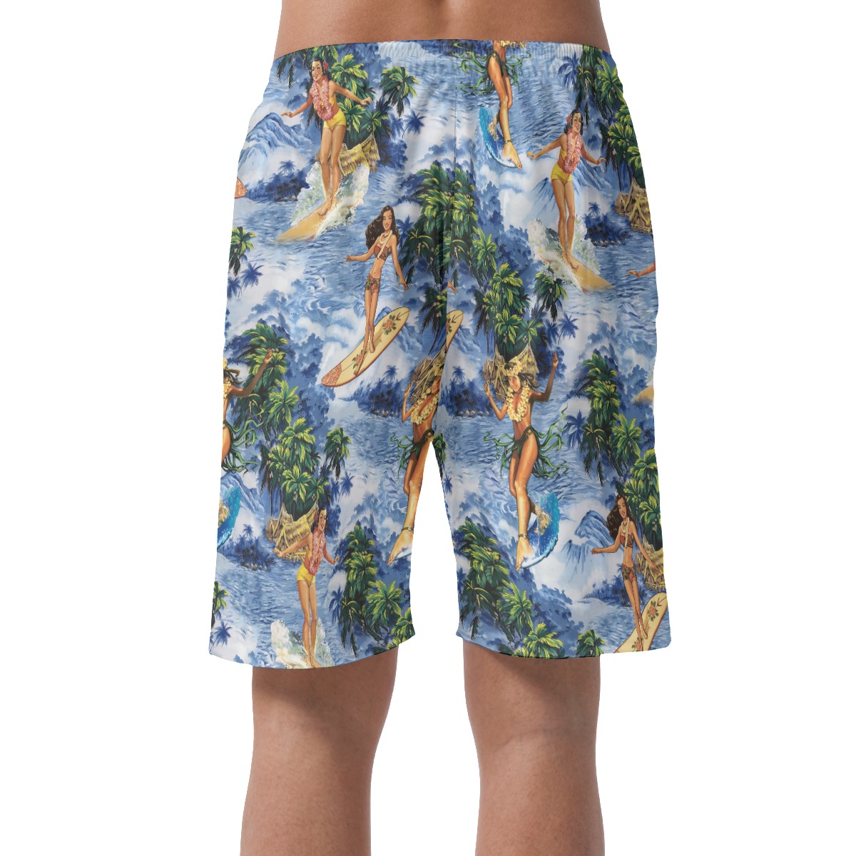 Hula Girl Surfing Vintage Hawaiian Beach Shorts For Men