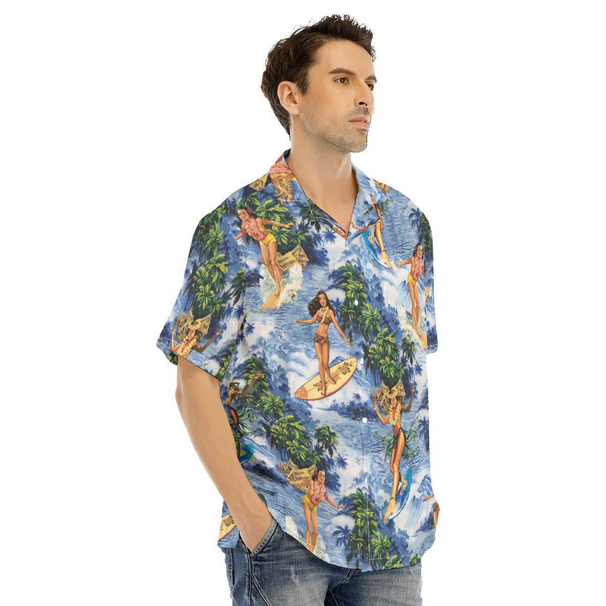 Hula Girl Surfing Tropical Classic Hawaiian Shirt