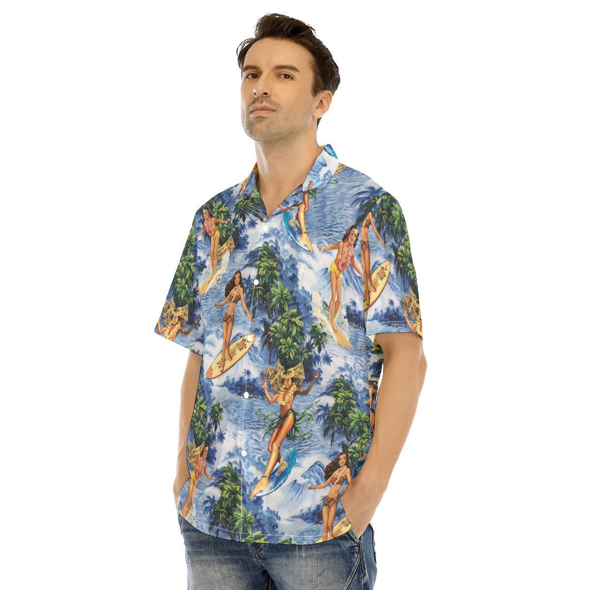 Hula Girl Surfing Tropical Classic Hawaiian Shirt