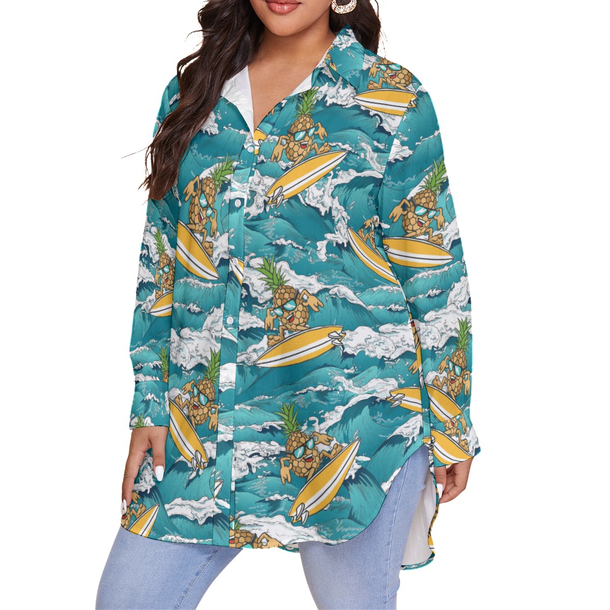 Funny Pineapple Surfing Blue Hawaiian Long Sleeve Plus Size Shirt