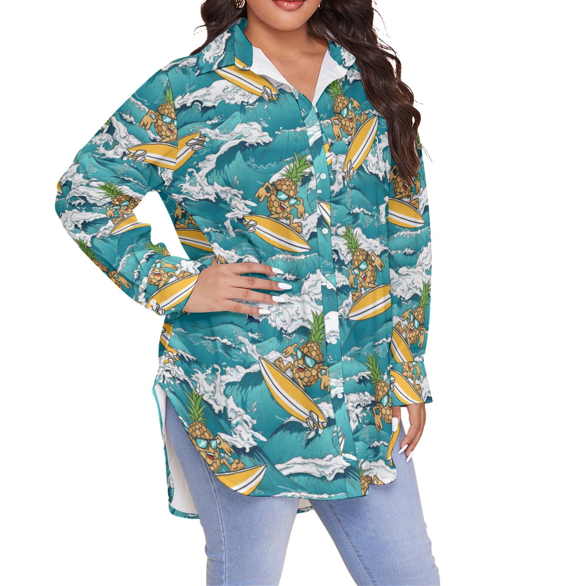 Funny Pineapple Surfing Blue Hawaiian Long Sleeve Plus Size Shirt
