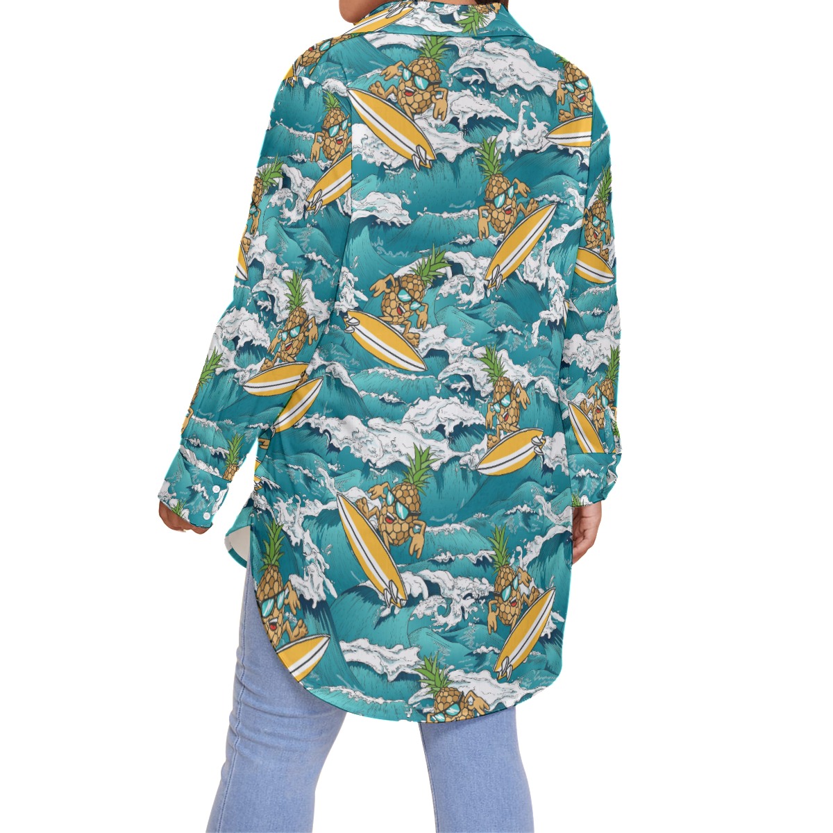 Funny Pineapple Surfing Blue Hawaiian Long Sleeve Plus Size Shirt
