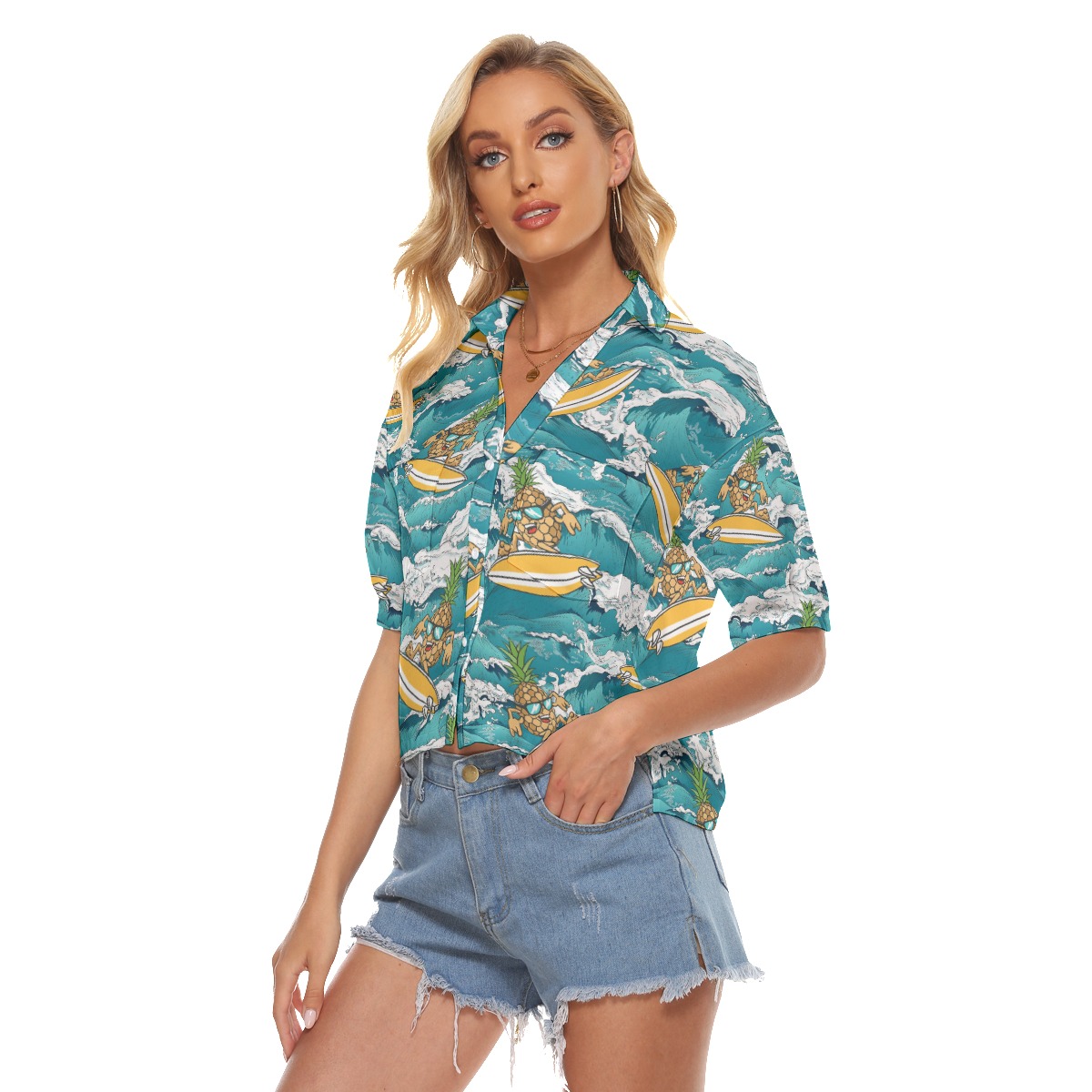 Funny Pineapple Surfing Wave Hawaiian Crop Top Shirt