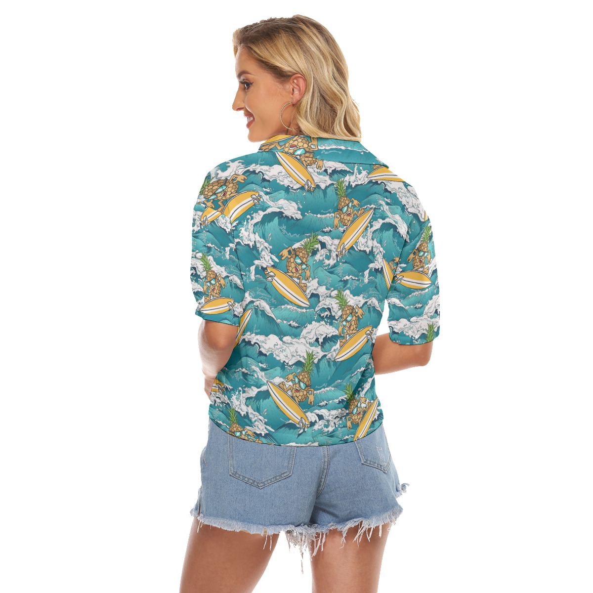 Funny Pineapple Surfing Wave Hawaiian Crop Top Shirt
