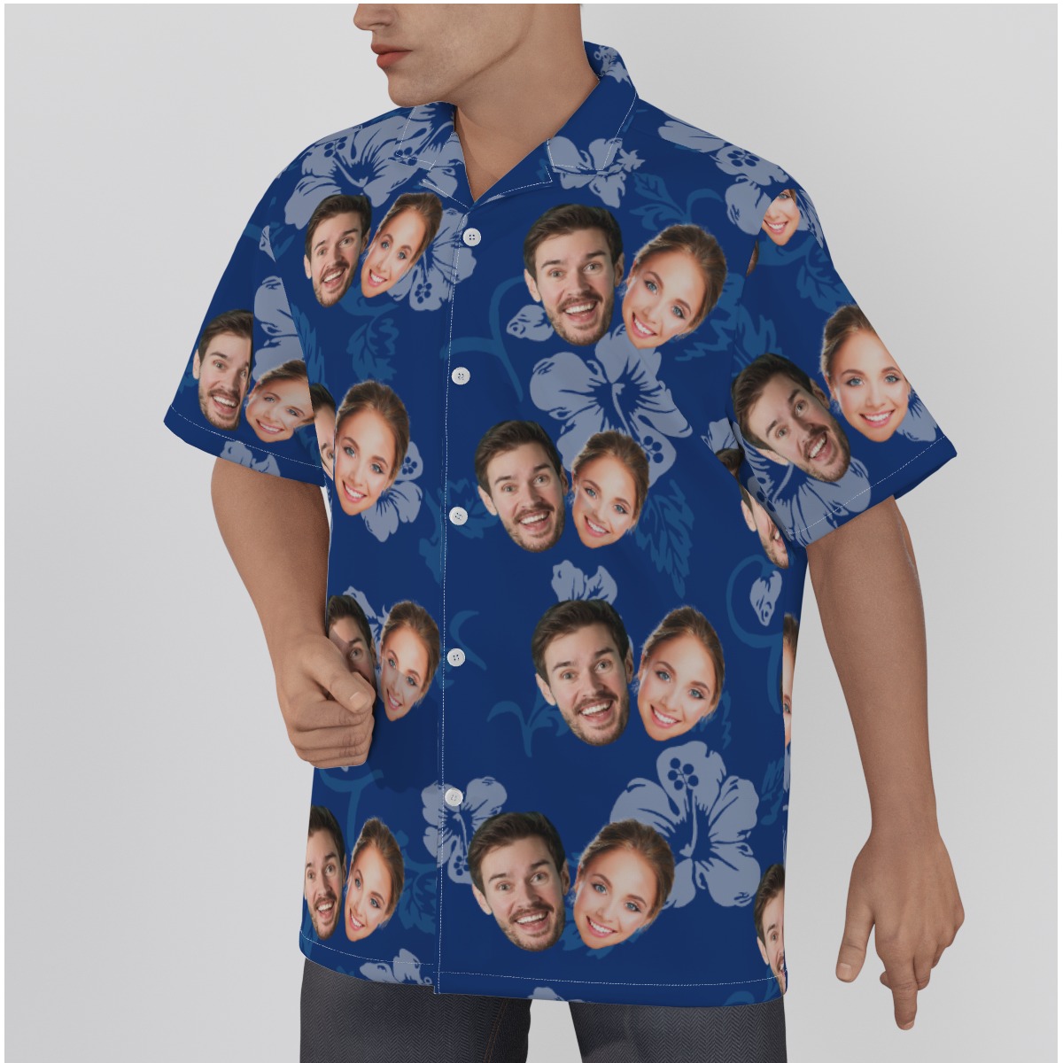 Unique Navy Custom Couple Face Hawaiian Button Up Shirt