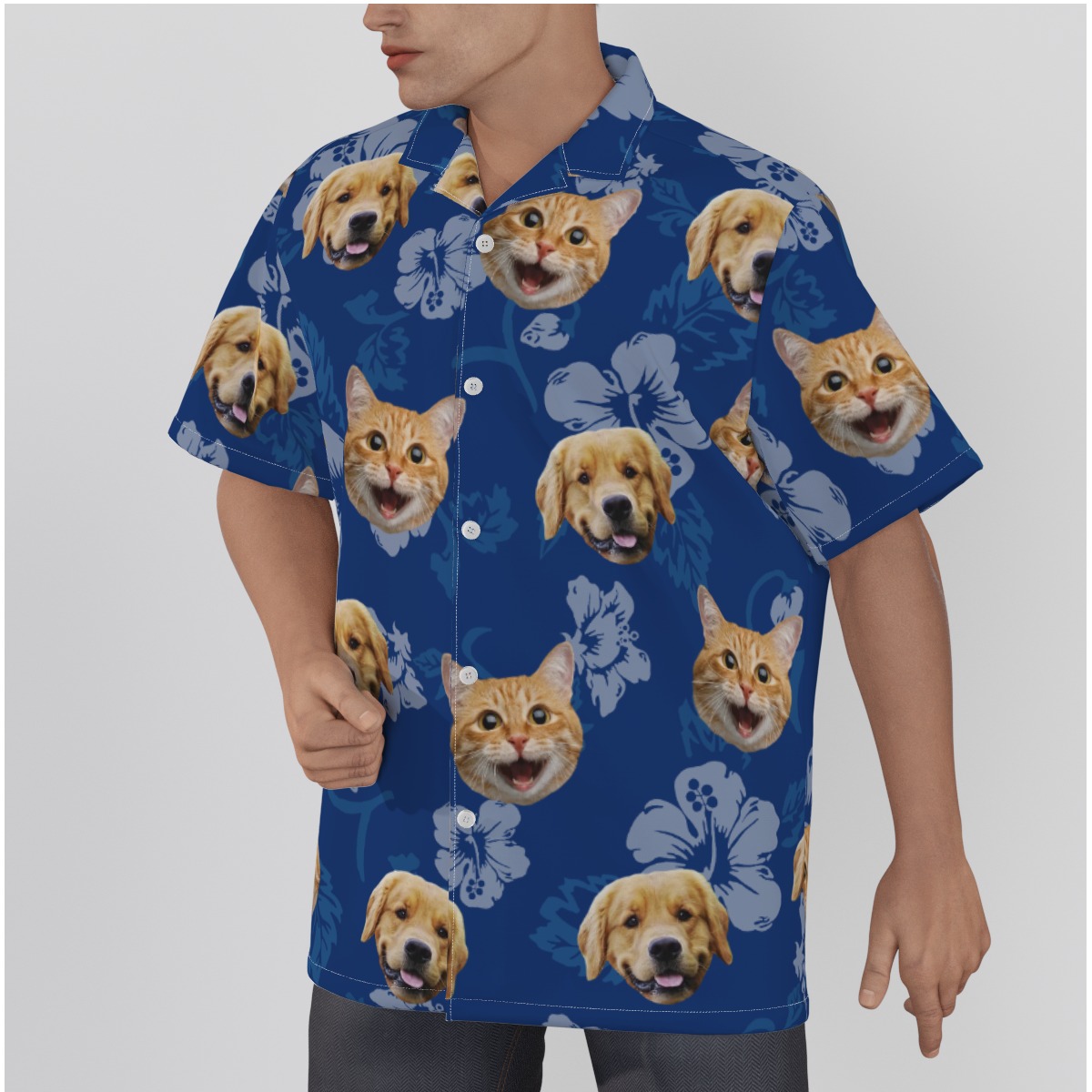 Custom Cat Dog Hawaiian Shirt Navy Blue