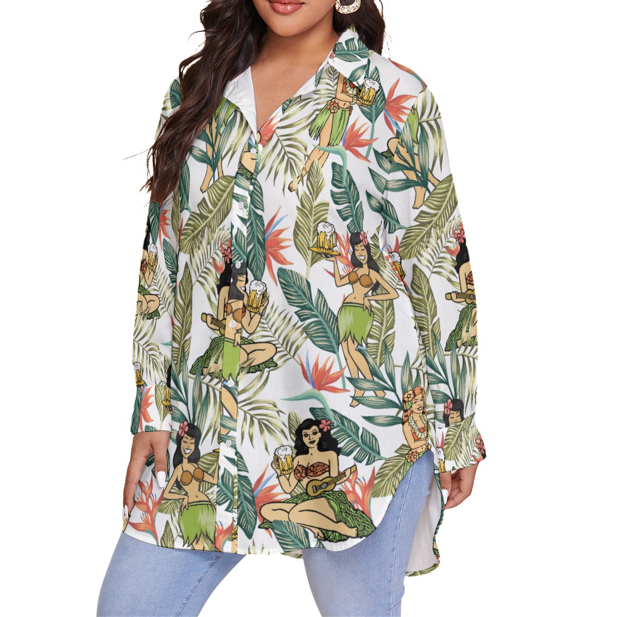 Floral Hula Girl Beer Hawaiian Plus Size Shirt For Women