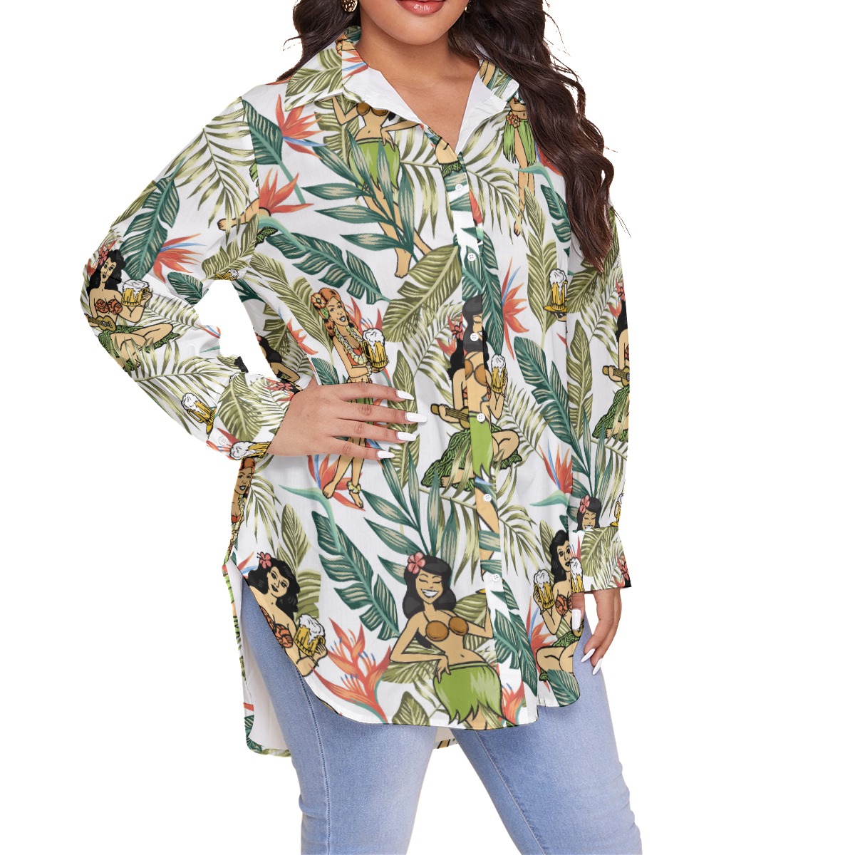 Floral Hula Girl Beer Hawaiian Plus Size Shirt For Women