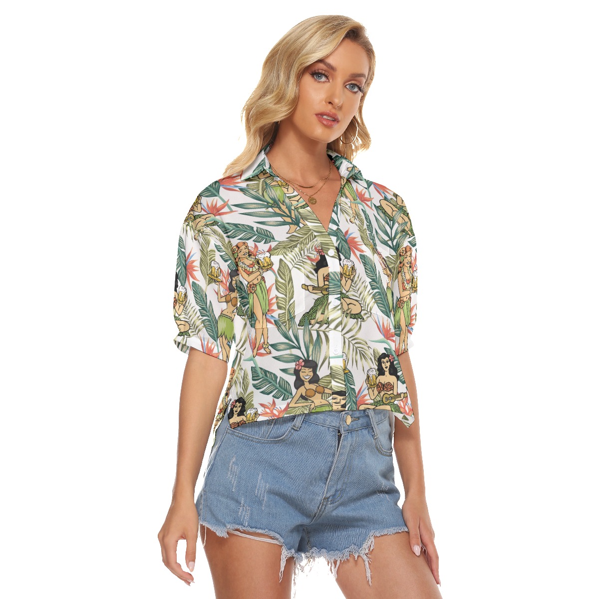 Hula Girl And Beer Floral Aloha V-Neck Shirt For Women