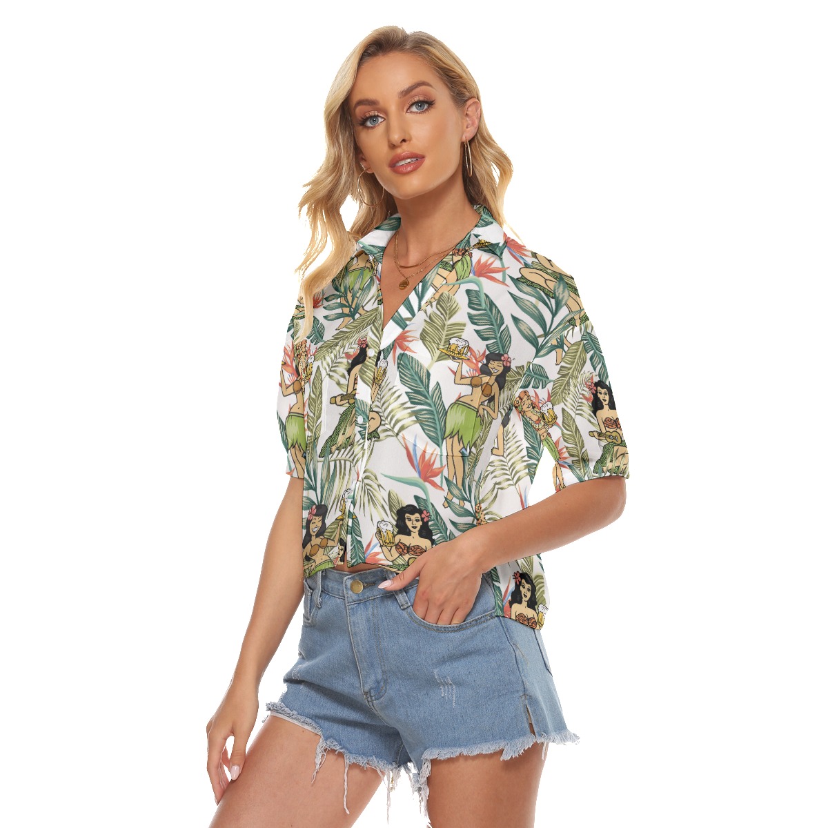 Hula Girl And Beer Floral Aloha V-Neck Shirt For Women