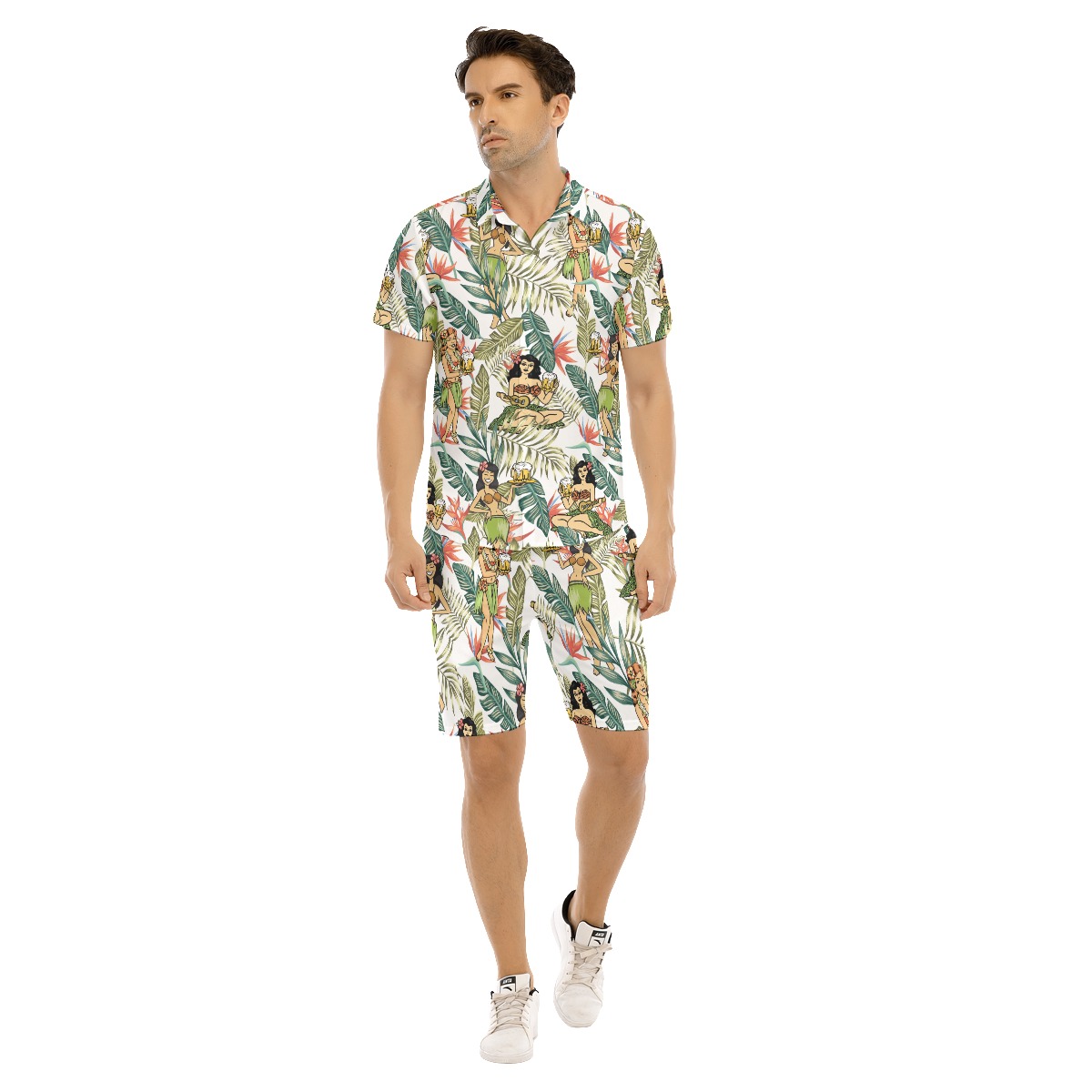 Set Hula Girl Beer Floral Hawaiian Shirt And Matching Shorts For Men - variant image 1