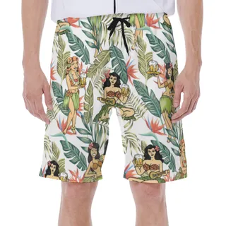 Floral Hula Girl And Beer Men's Hawaiian Swim Trunks