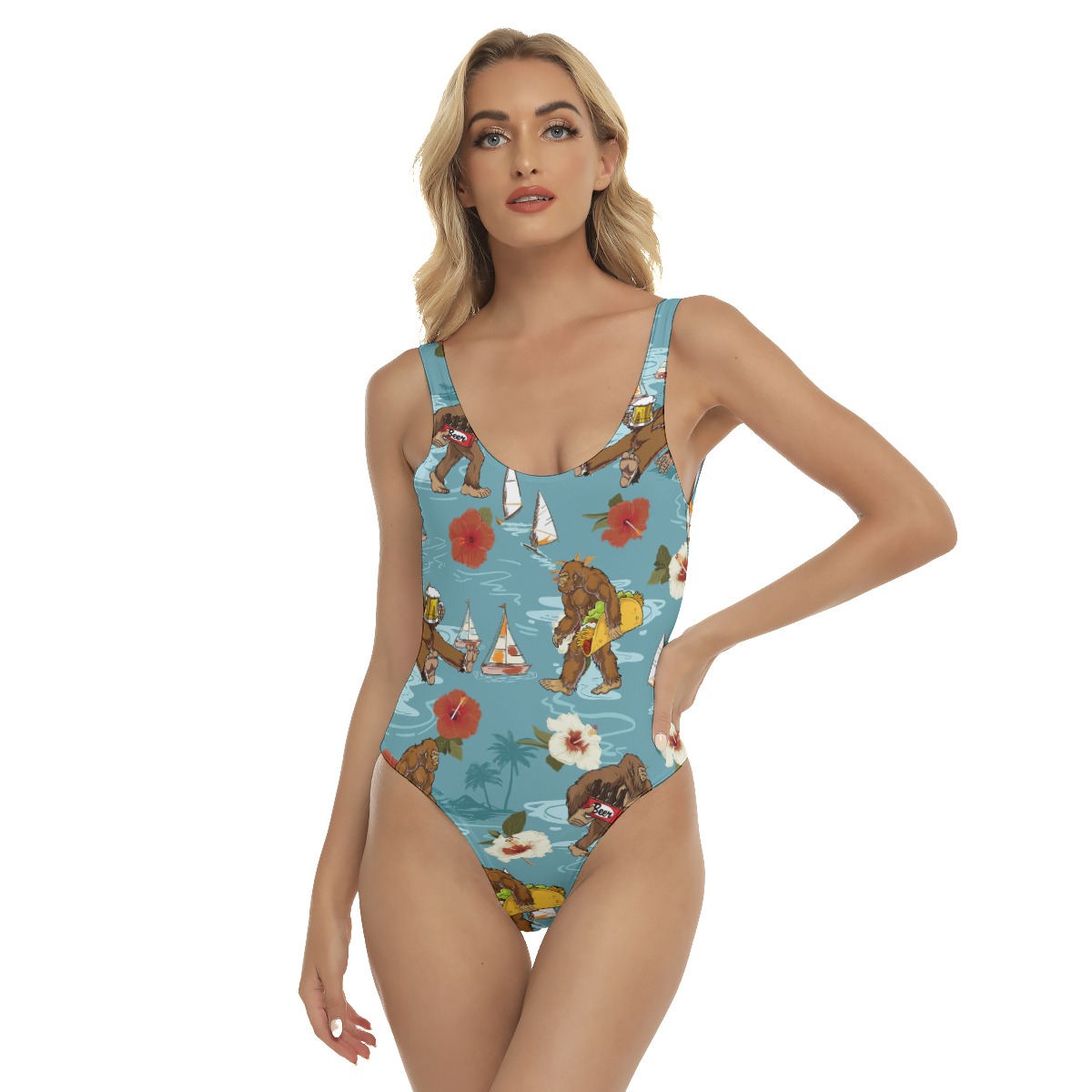 Funny Bigfoot Drinking Beer Hawaiian Swimsuit - variant image 1