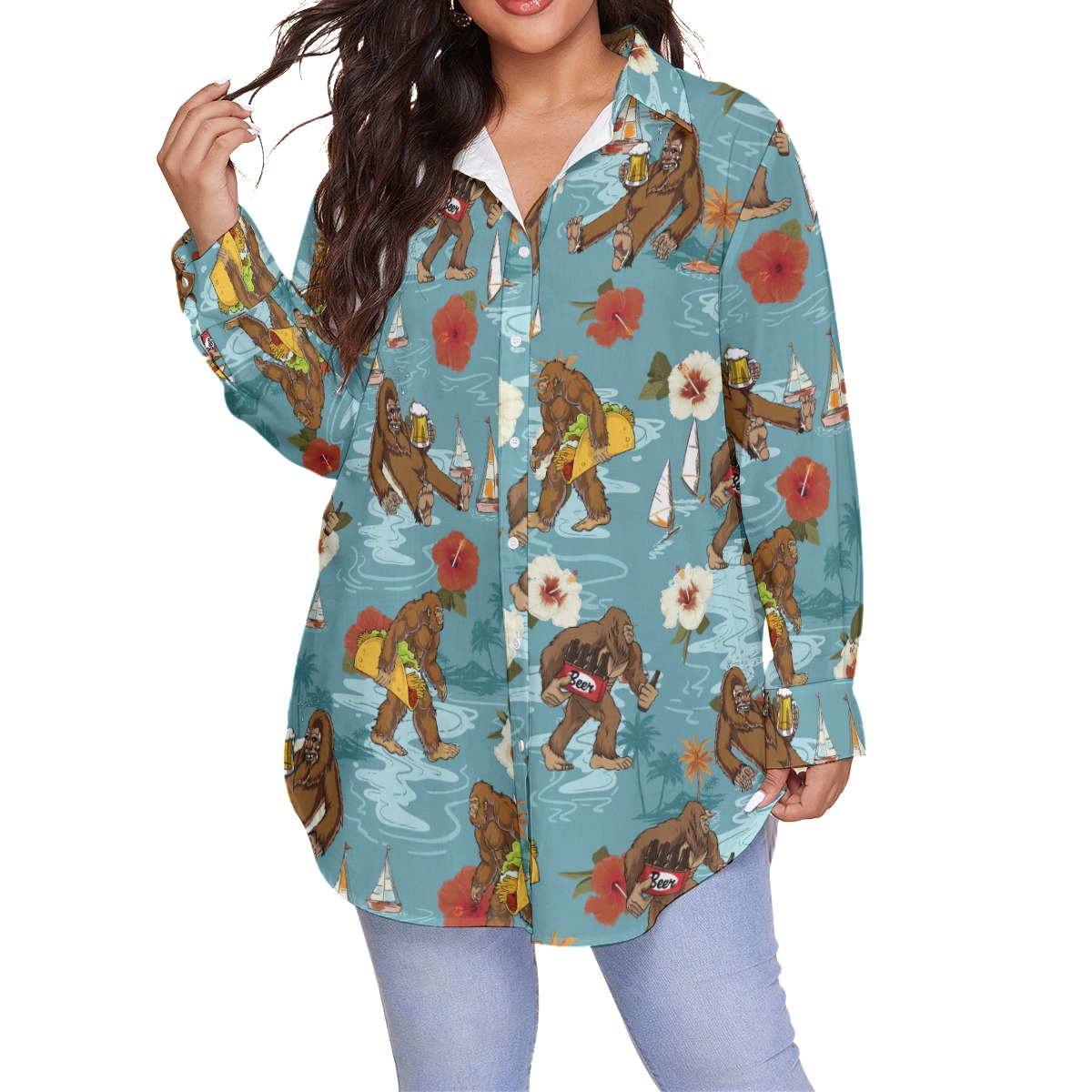 Tropical Bigfoot Beer Hibiscus Hawaiian Plus Size Shirt For Women - variant image 1