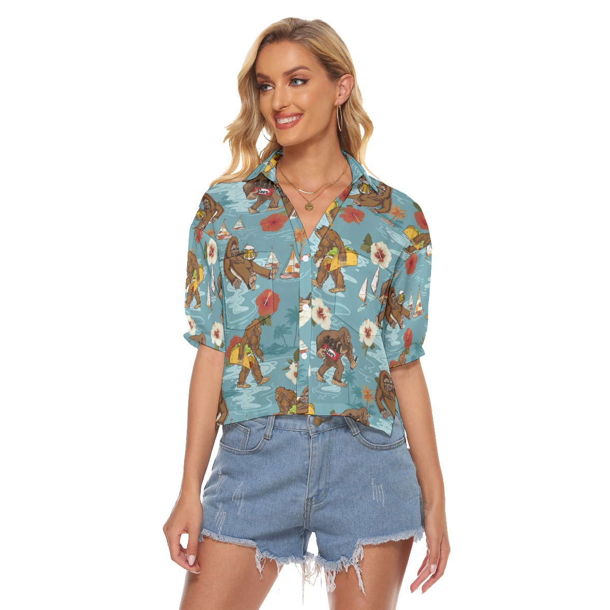 Funny Bigfoot Beer Hibiscus Tropical Aloha Crop Top Shirt - variant image 1