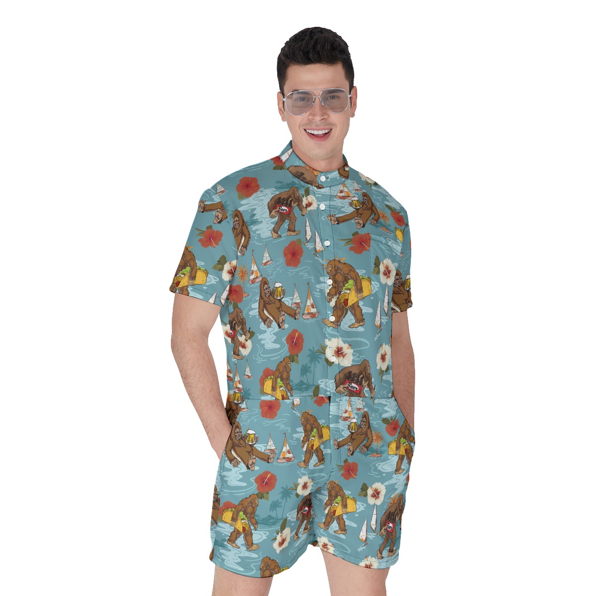 Funny Bigfoot Drinking Beer Blue Hawaiian Romper - variant image 1