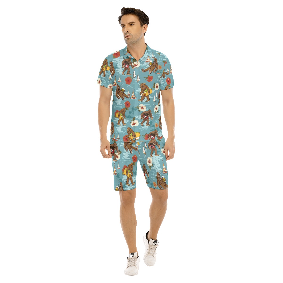 Set Bigfoot Beer Hibiscus Blue Hawaiian Shirt And Matching Shorts For Men - variant image 1