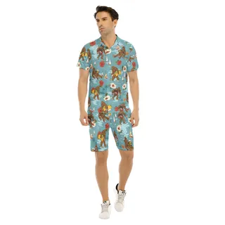 Set Bigfoot Beer Hibiscus Blue Hawaiian Shirt And Matching Shorts For Men