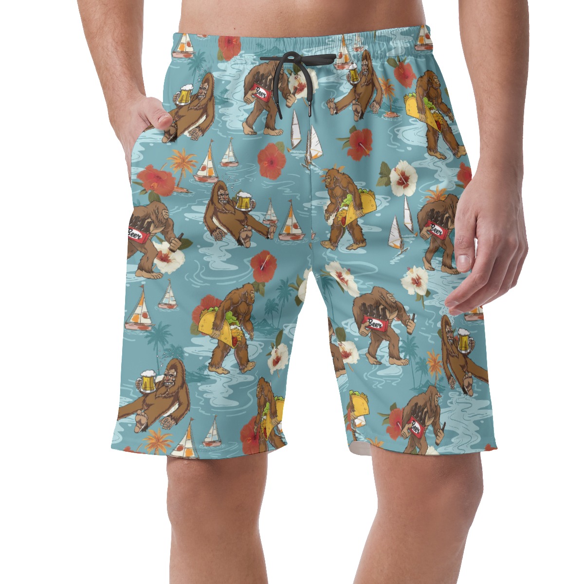 Tropical Hibiscus Bigfoot Beer Blue Hawaiian Beach Shorts For Men - variant image 1