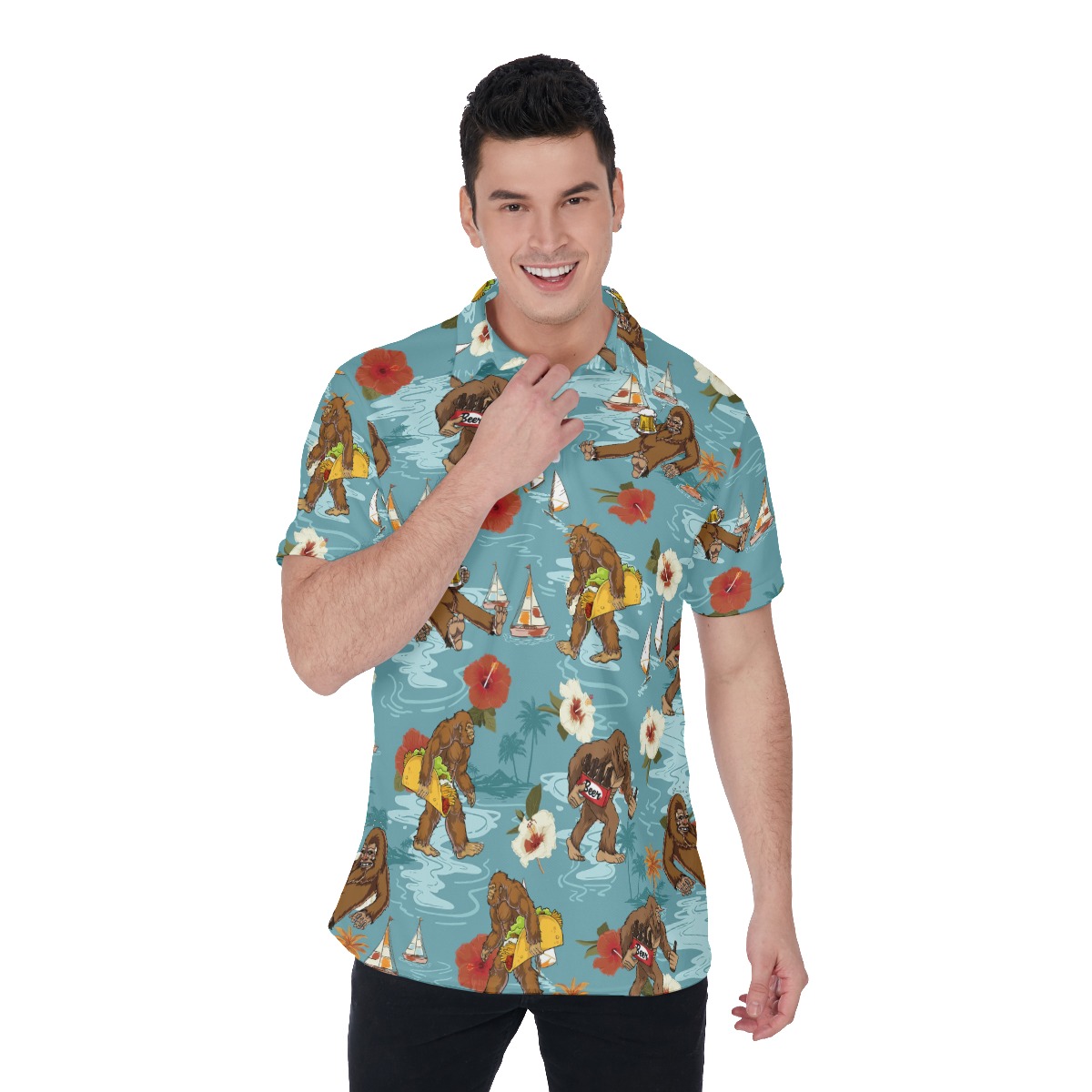 Funny Bigfoot Beer Hibiscus Hawaiian Polo Shirt For Men - variant image 1