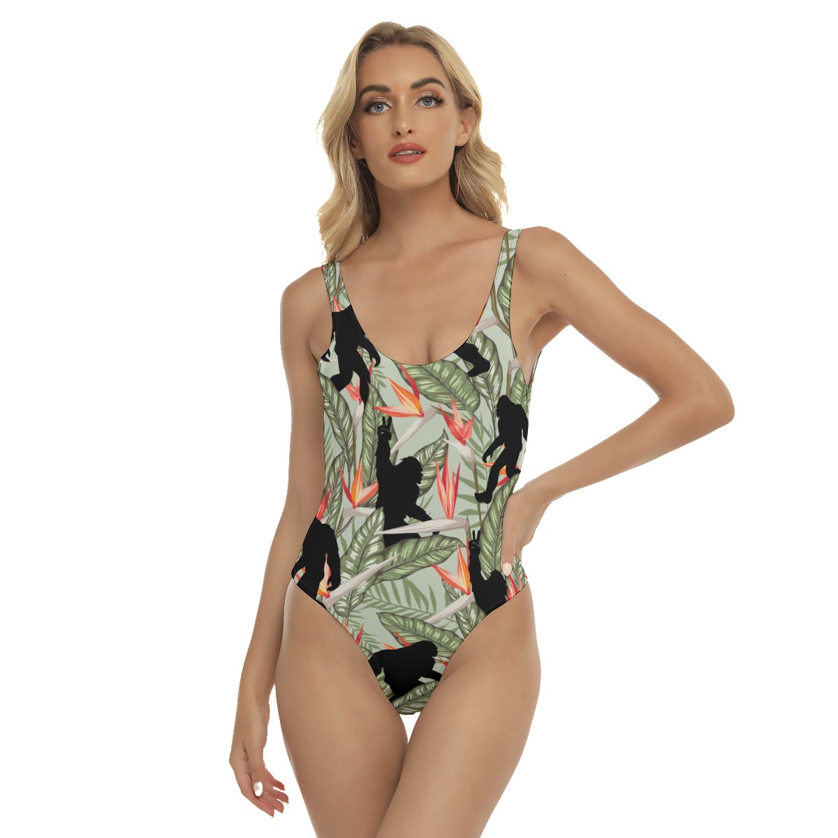 Funny Bigfoot Floral Green Hawaiian One Piece Swimsuit - variant image 1