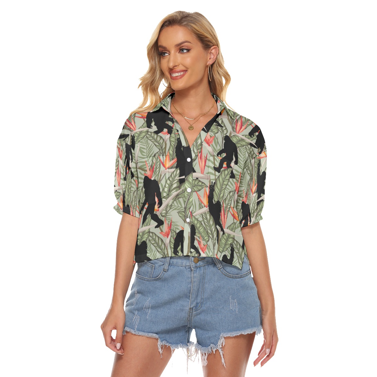 Funny Bigfoot Tropical Hawaiian Cropped Shirt For Women - variant image 1