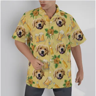 Funny Custom Dog Face With Beer Hawaiian Shirt Hibiscus Yellow Hawaiian Shirt