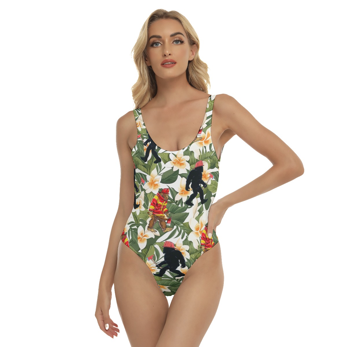 Funny Bigfoot Firefighter Floral Hawaiian Swimsuit For Women - variant image 1