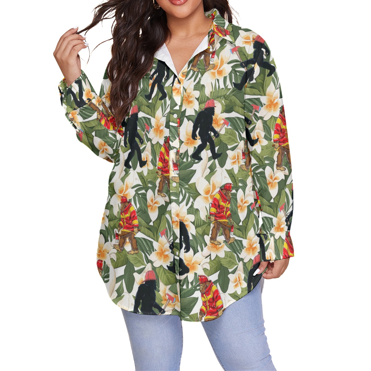 Funny Floral Bigfoot Firefighter Hawaiian Blouse Shirt For Women - variant image 1