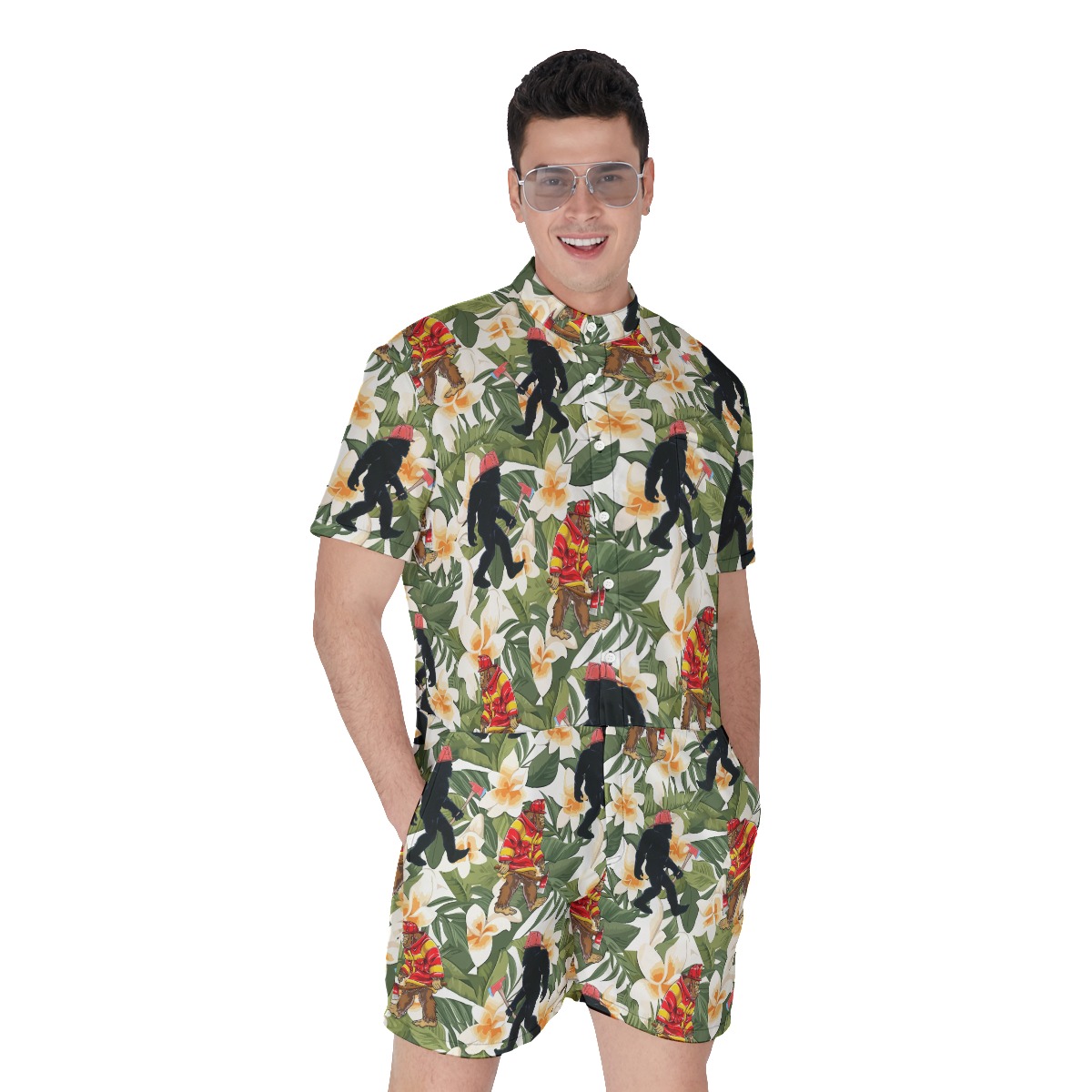 Bigfoot Firefighter Tropical Hawaiian Romper For Men - variant image 1