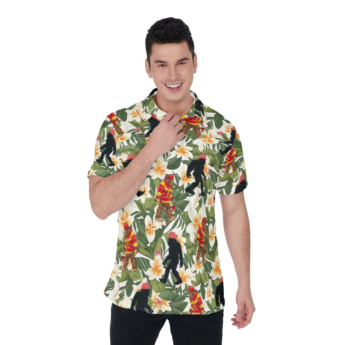 Tropical Bigfoot Firefighter Hawaiian Polo Shirt For Men - variant image 1