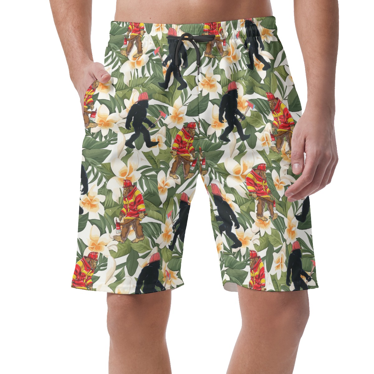 Funny Bigfoot Firefighter Floral Hawaiian Beach Shorts For Men - variant image 1