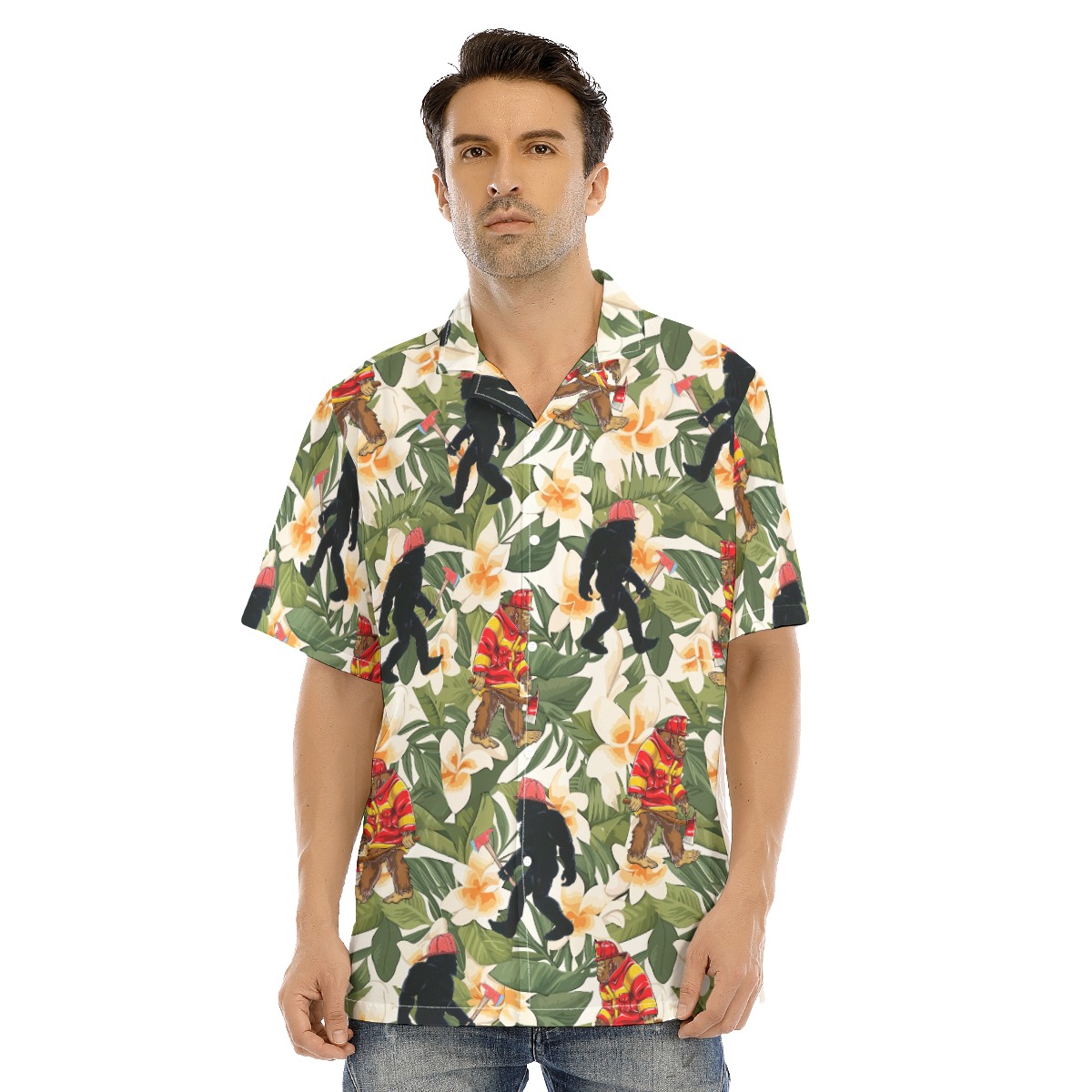 Funny Firefighter Bigfoot Floral Hawaiian Shirt - variant image 1
