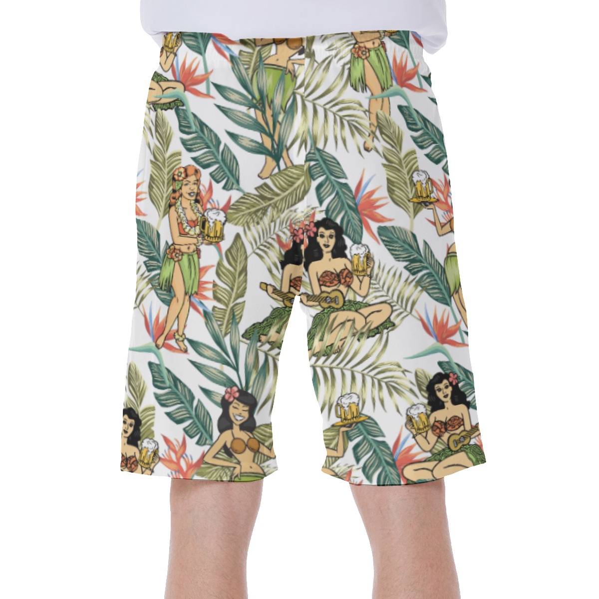 Floral Hula Girl And Beer Men's Hawaiian Swim Trunks