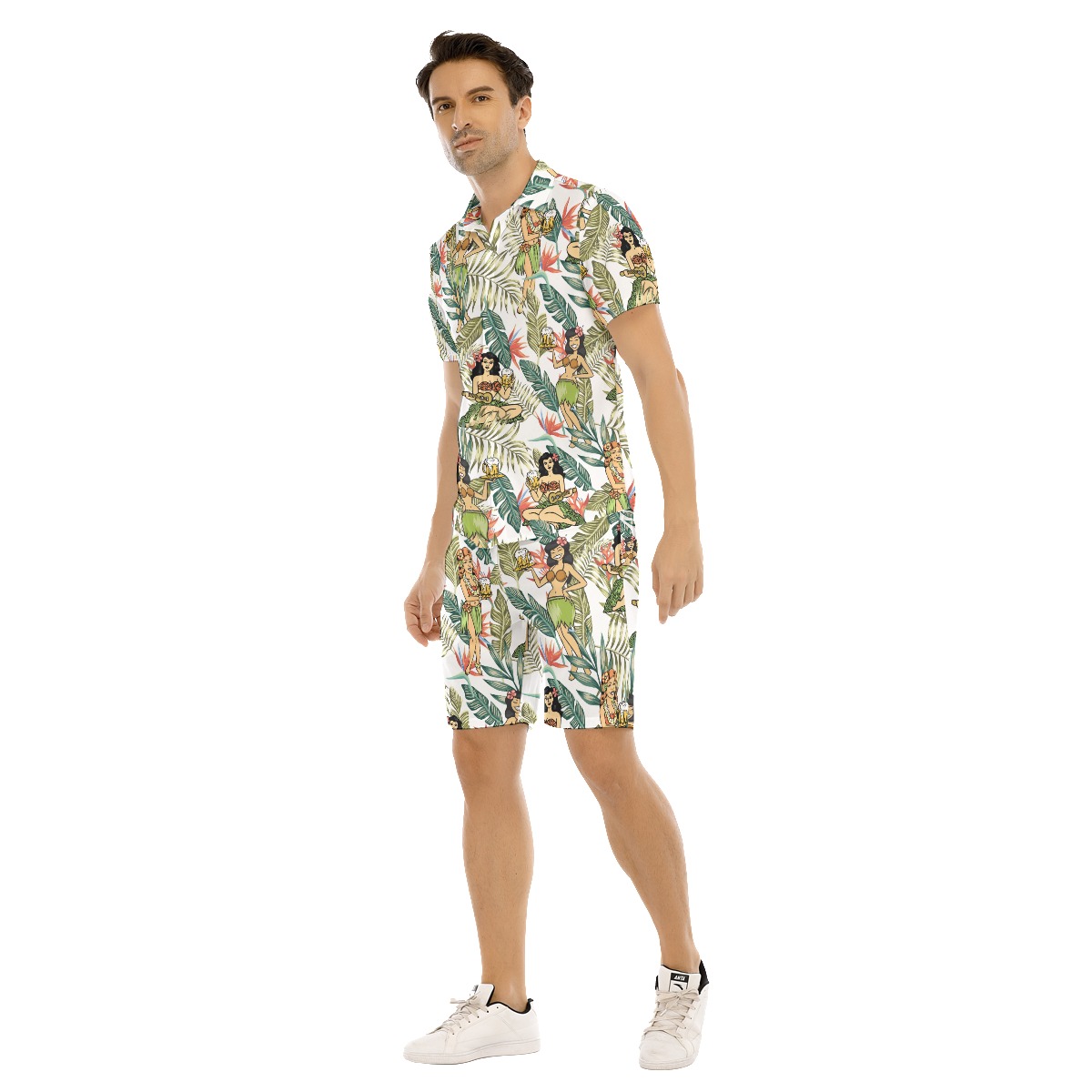 Set Hula Girl Beer Floral Hawaiian Shirt And Matching Shorts For Men