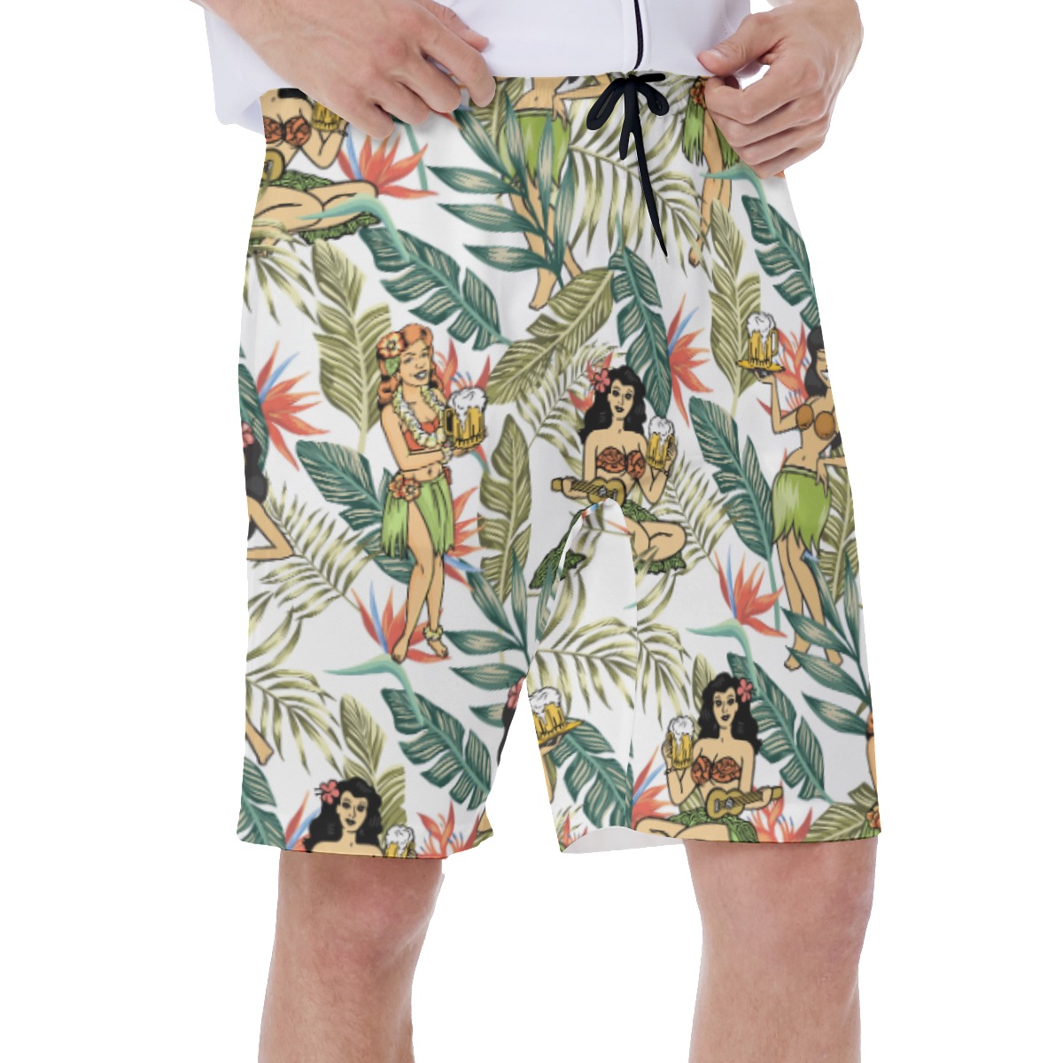 Floral Hula Girl And Beer Men's Hawaiian Swim Trunks